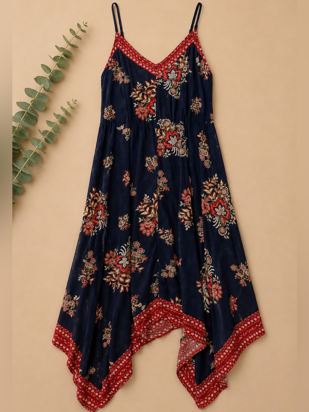 Love Ryan Los Angeles Boho Handkerchief Hem Midi Dress Navy Floral Small